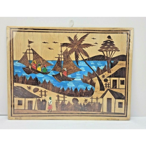 Wood Inlay Marquetry Wall Art Panel Haiti Seascape Signed by Art Garraud 12x16